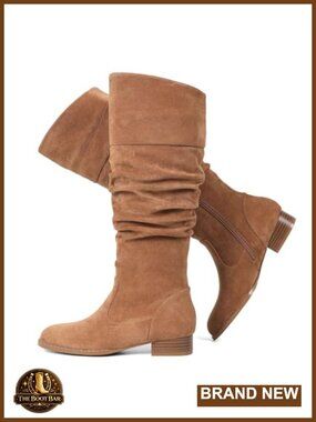 Women's Suede Knee High Flat Boots with Zipper Side Panels